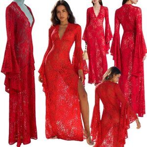 🆕 ALEXANDRA MIRO 🧿 NWOT Kara Long Boylen Sleeve Kaftan, Red Lace - Sz S